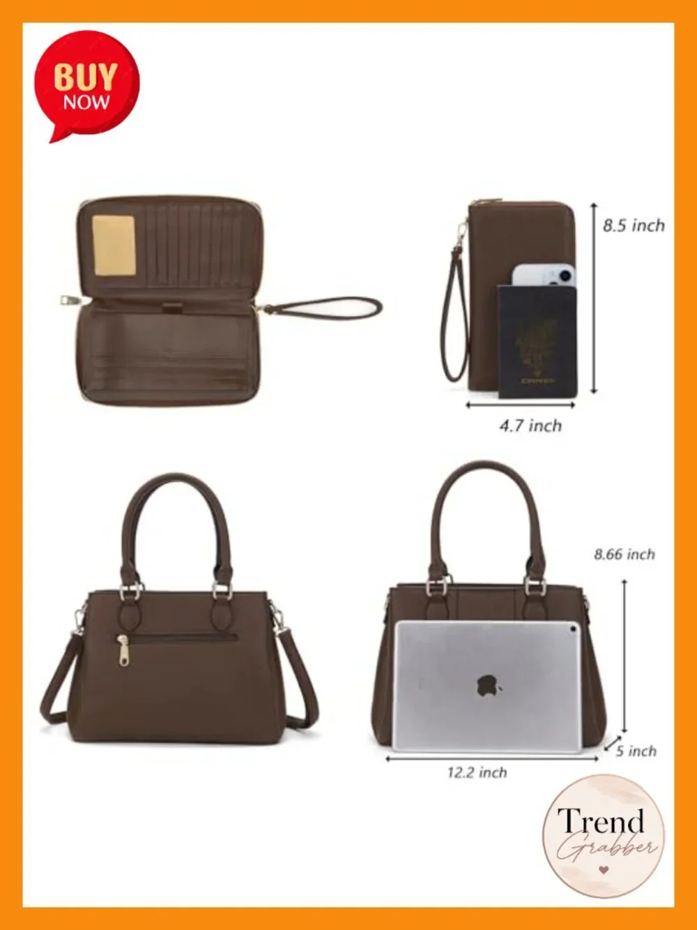 PU Leather Satchel Handbag with 3 Zippered Compartments and Wallet Set